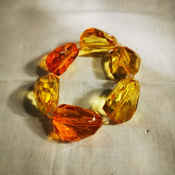 Big Yellow and Orange Plastic Gemstones Stretch Statement Bracelet - Picture 9 of 13